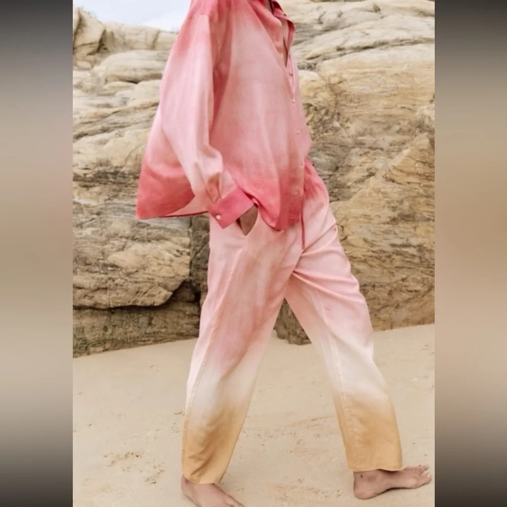 Zara Tie Dye Wide Leg Pants Linen Womens Size M Pink Rustic Hi Waist boho gypsy